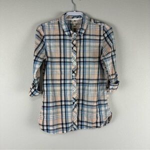 Barbour Beige Blue Black Plaid Seaglow Long Sleeve Linen Blend Button Up Shirt 6